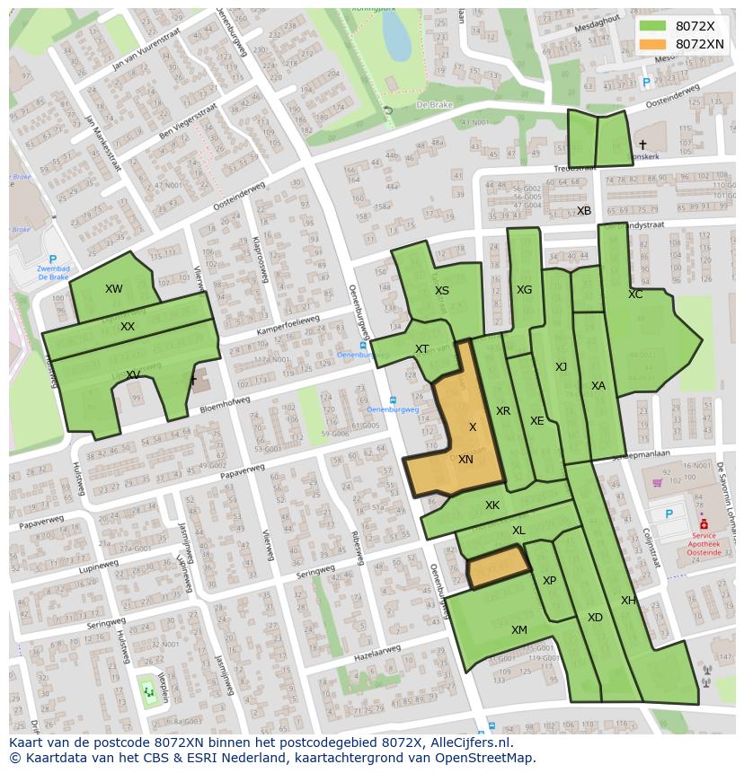 Afbeelding van het postcodegebied 8072 XN op de kaart.