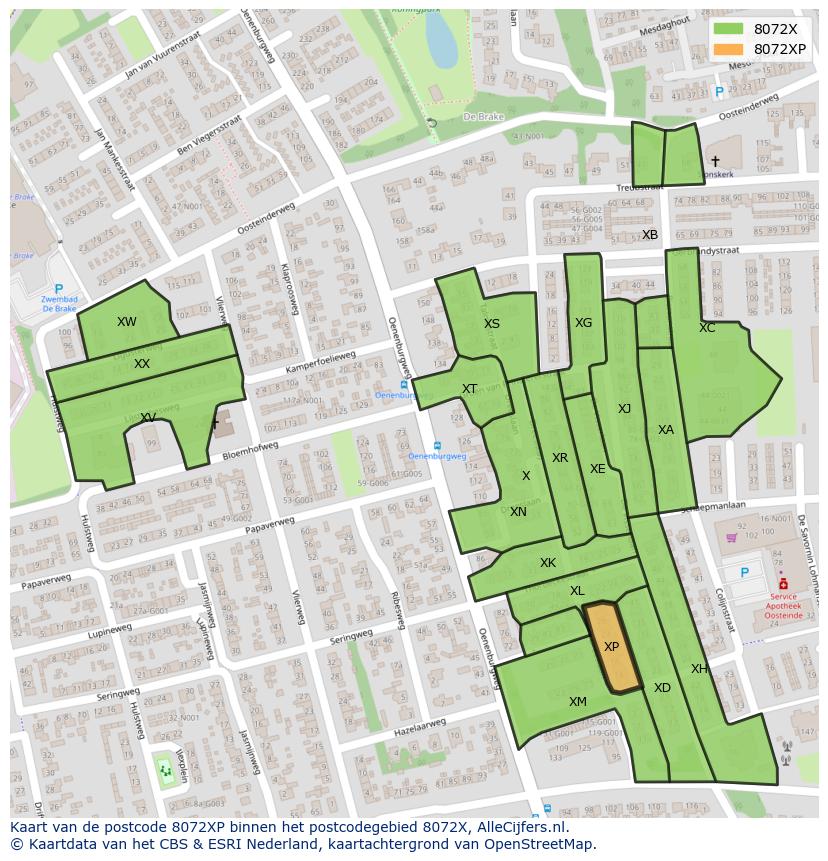 Afbeelding van het postcodegebied 8072 XP op de kaart.