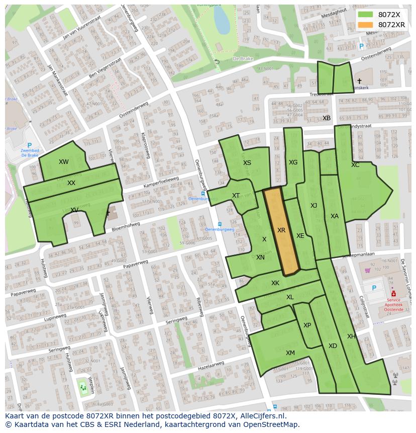 Afbeelding van het postcodegebied 8072 XR op de kaart.