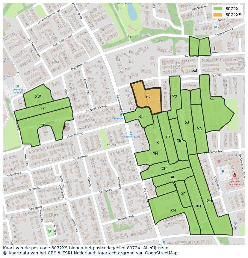 Afbeelding van het postcodegebied 8072 XS op de kaart.