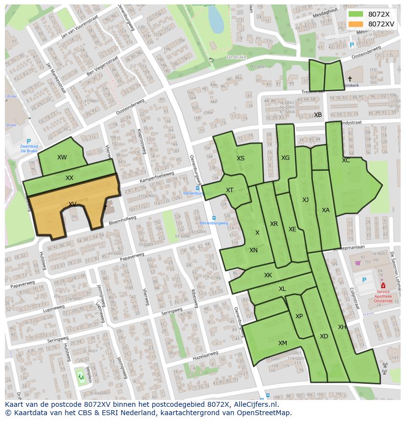 Afbeelding van het postcodegebied 8072 XV op de kaart.