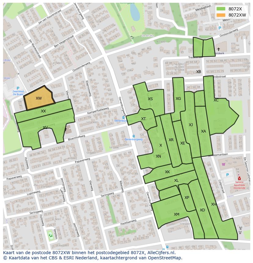 Afbeelding van het postcodegebied 8072 XW op de kaart.