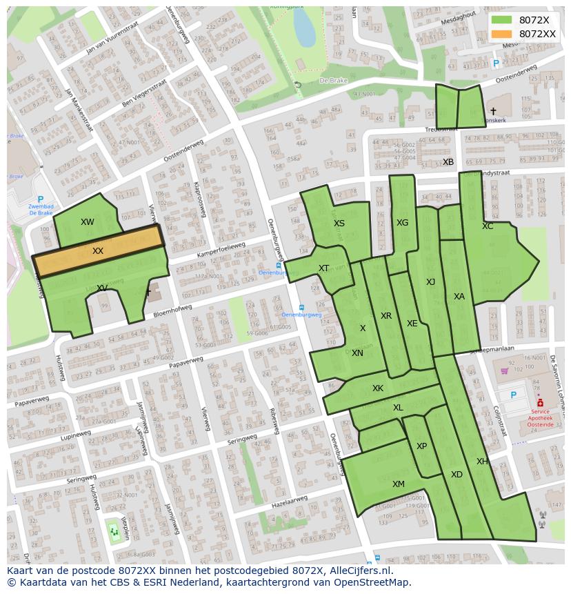 Afbeelding van het postcodegebied 8072 XX op de kaart.