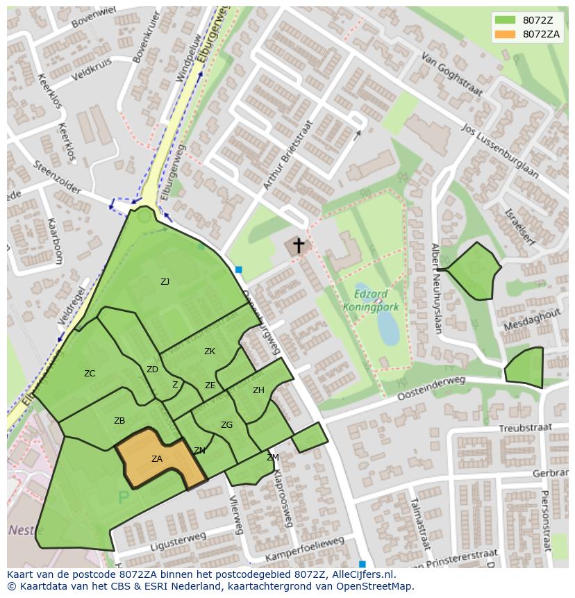 Afbeelding van het postcodegebied 8072 ZA op de kaart.