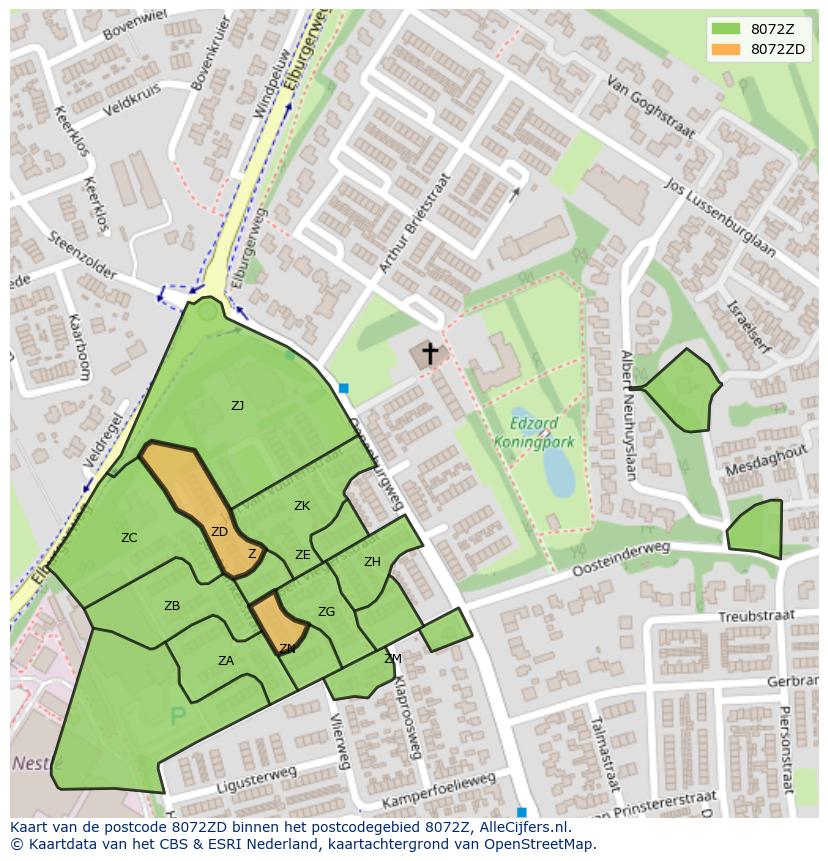 Afbeelding van het postcodegebied 8072 ZD op de kaart.