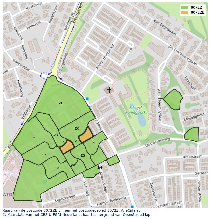 Afbeelding van het postcodegebied 8072 ZE op de kaart.