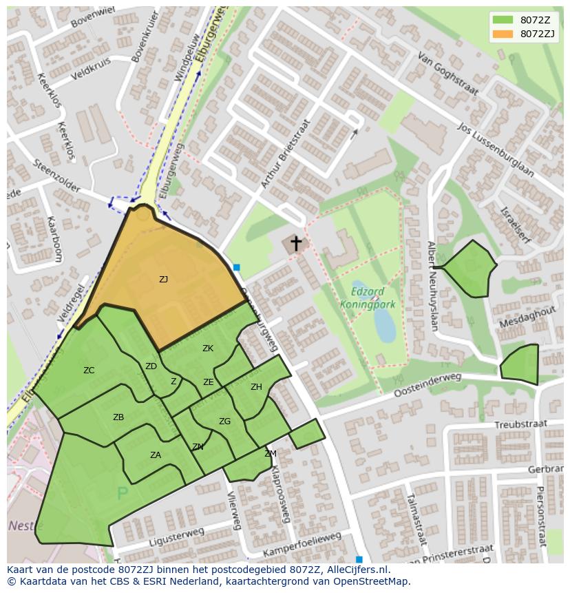 Afbeelding van het postcodegebied 8072 ZJ op de kaart.