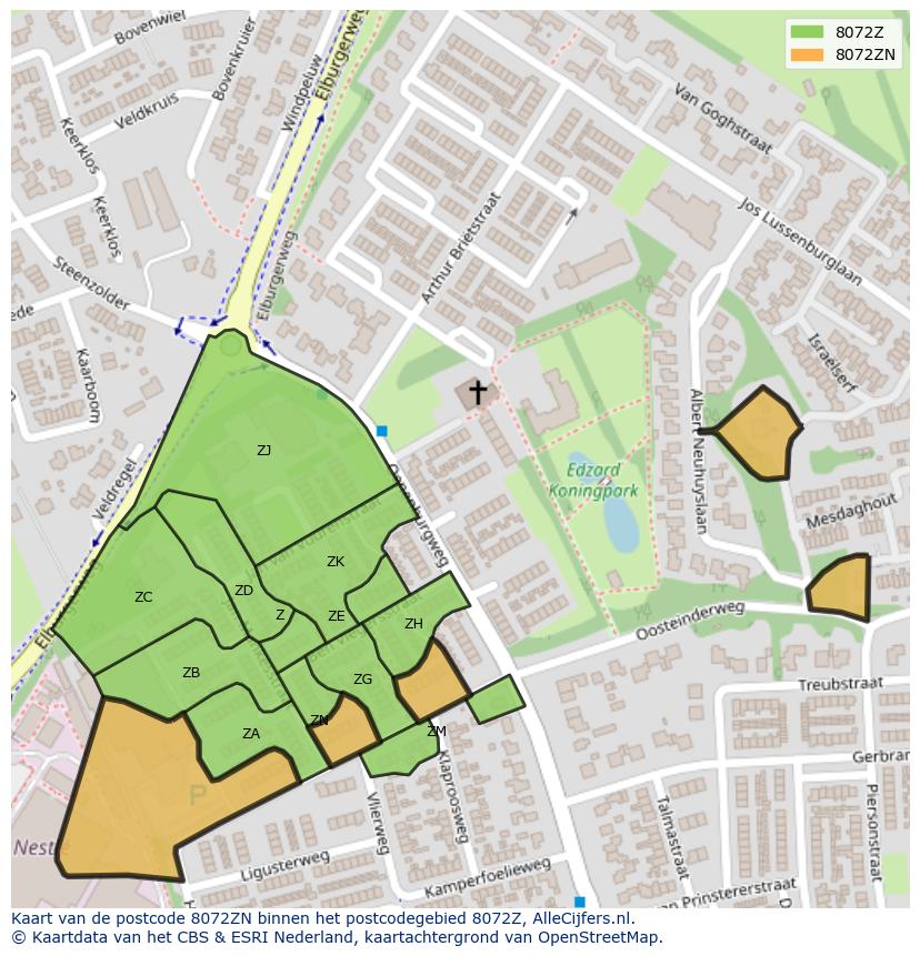 Afbeelding van het postcodegebied 8072 ZN op de kaart.