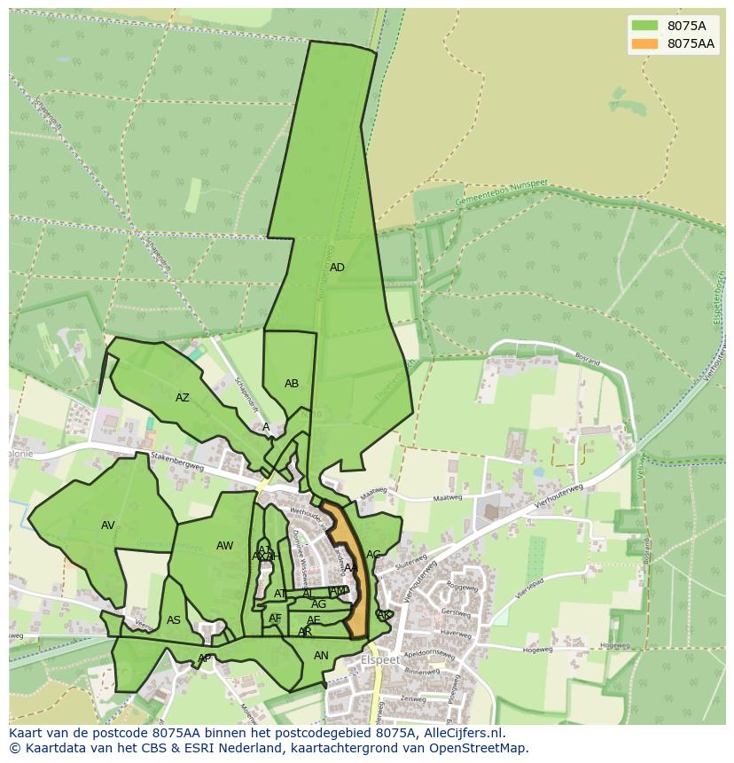 Afbeelding van het postcodegebied 8075 AA op de kaart.
