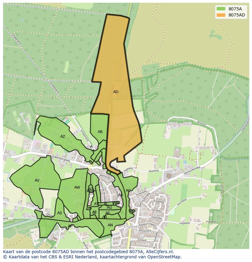 Afbeelding van het postcodegebied 8075 AD op de kaart.