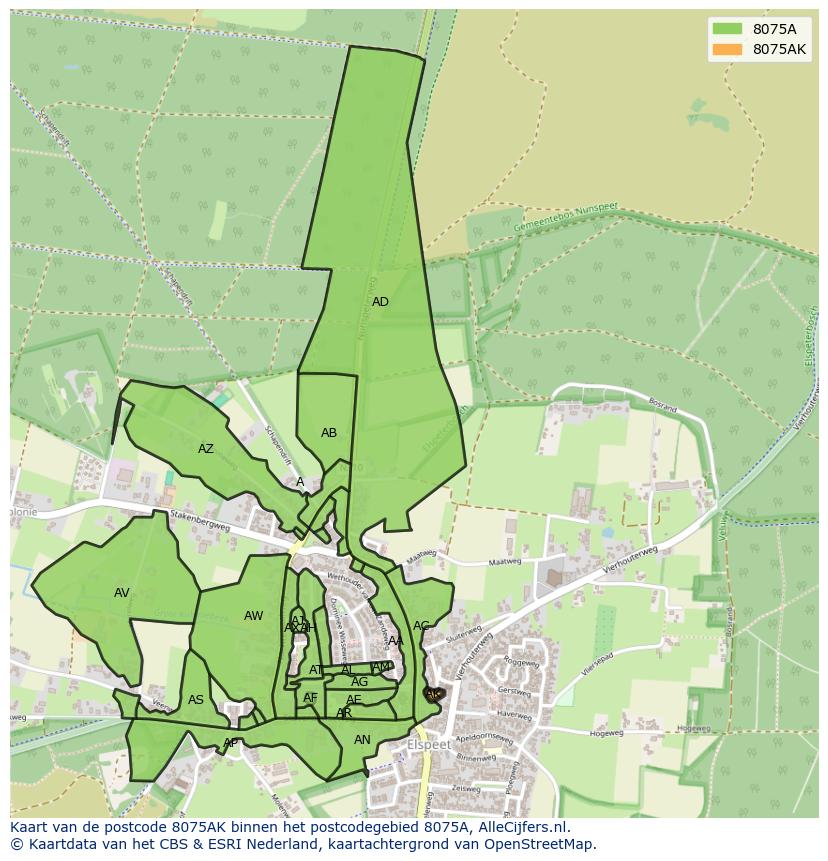 Afbeelding van het postcodegebied 8075 AK op de kaart.