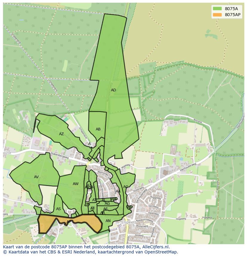 Afbeelding van het postcodegebied 8075 AP op de kaart.