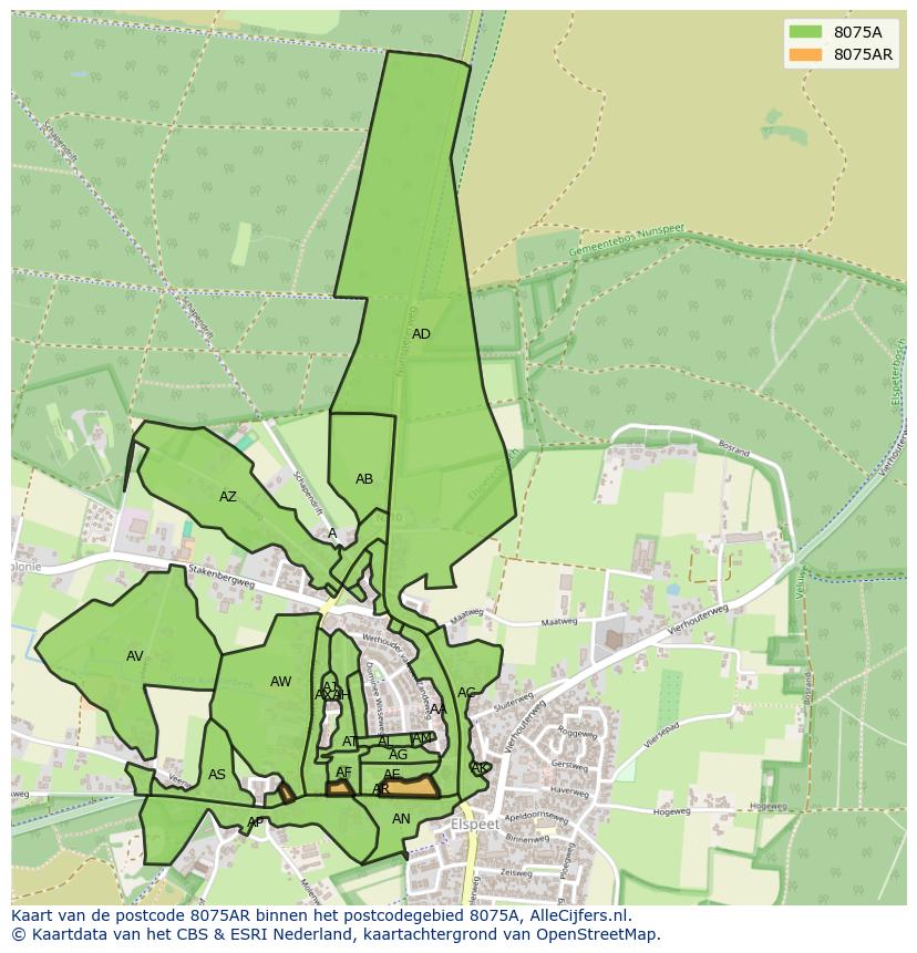 Afbeelding van het postcodegebied 8075 AR op de kaart.