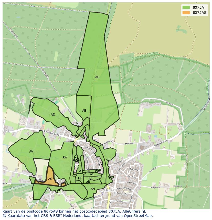 Afbeelding van het postcodegebied 8075 AS op de kaart.