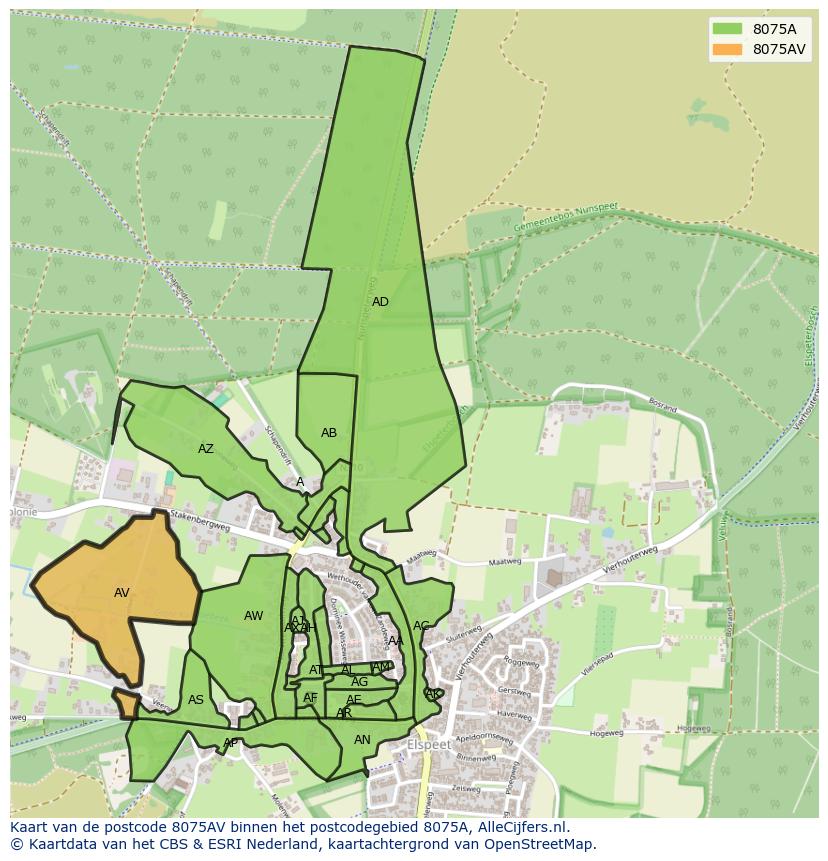 Afbeelding van het postcodegebied 8075 AV op de kaart.