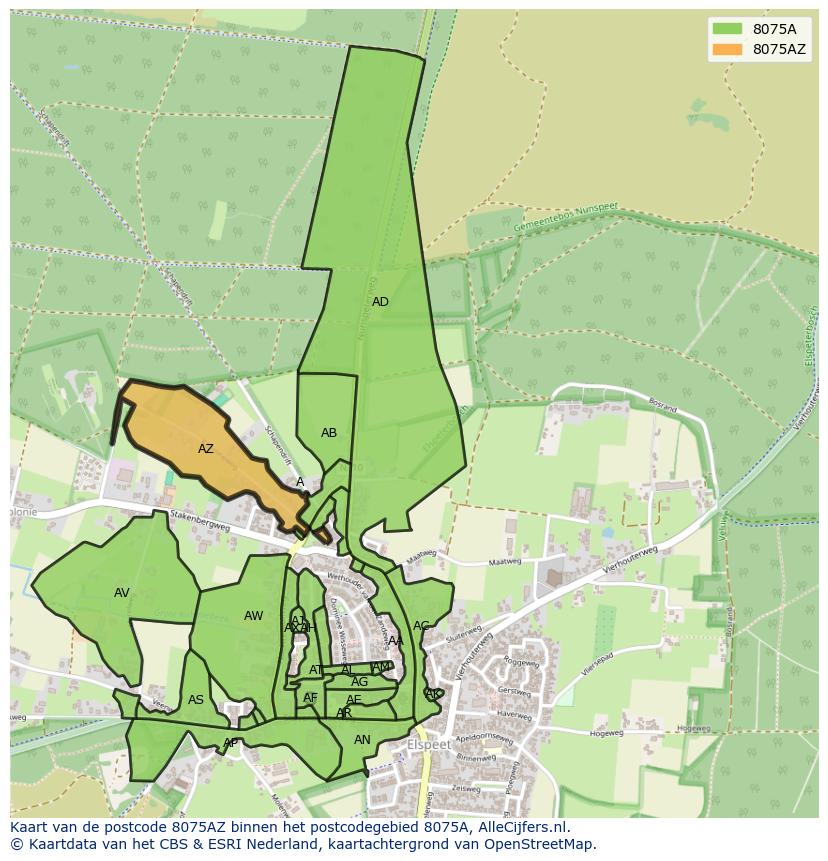 Afbeelding van het postcodegebied 8075 AZ op de kaart.