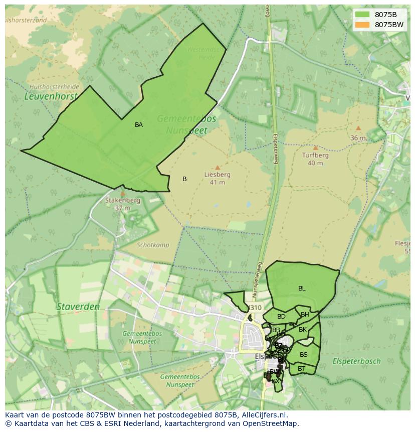 Afbeelding van het postcodegebied 8075 BW op de kaart.