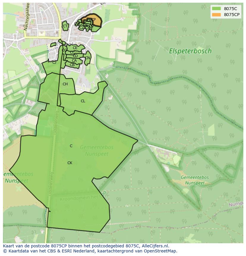 Afbeelding van het postcodegebied 8075 CP op de kaart.