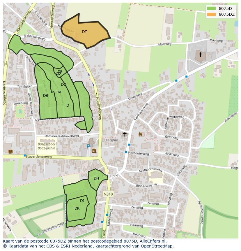 Afbeelding van het postcodegebied 8075 DZ op de kaart.
