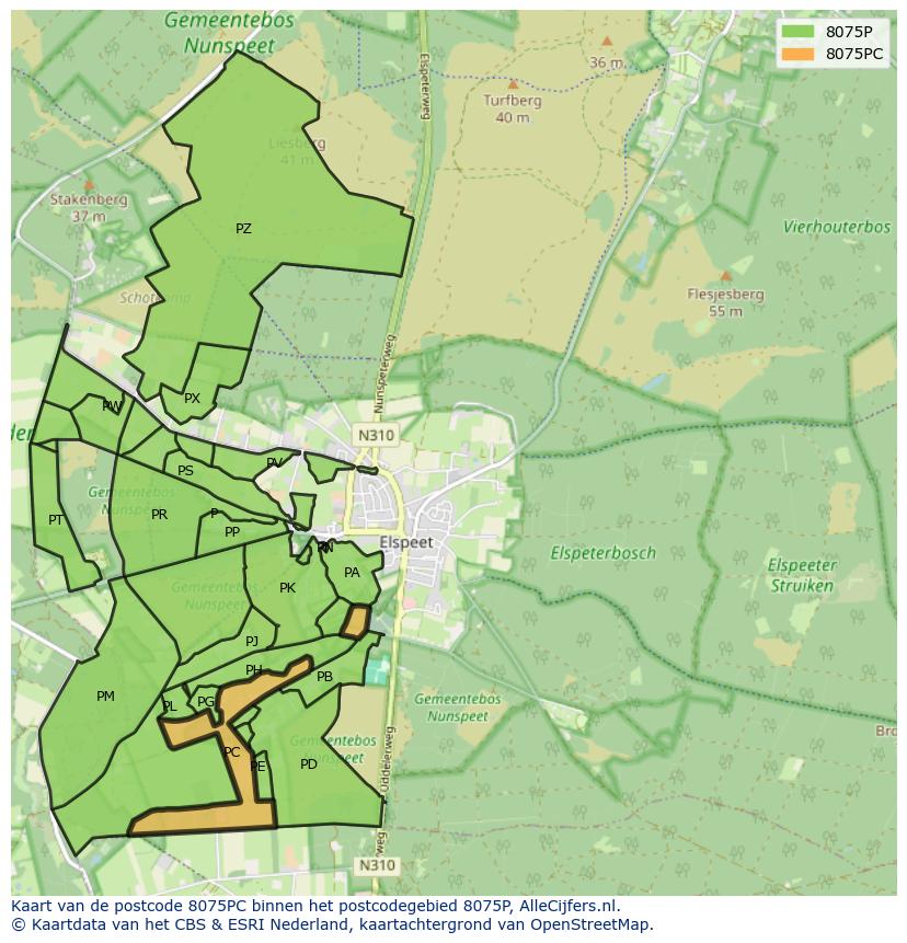 Afbeelding van het postcodegebied 8075 PC op de kaart.