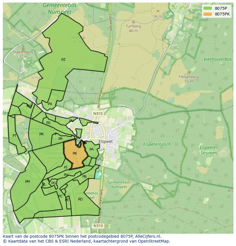 Afbeelding van het postcodegebied 8075 PK op de kaart.