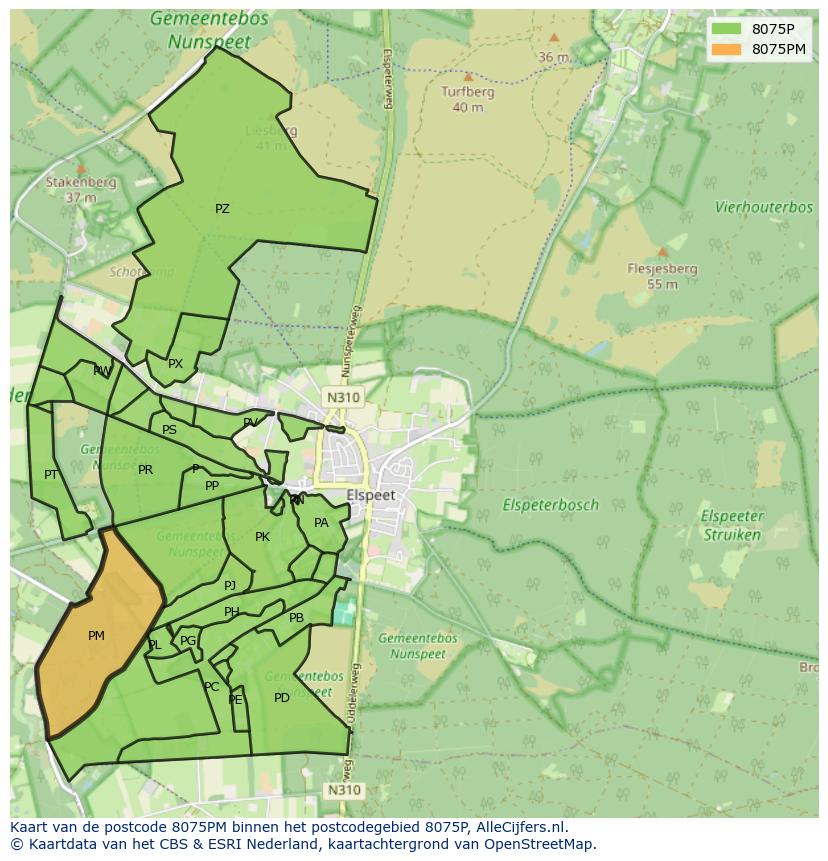 Afbeelding van het postcodegebied 8075 PM op de kaart.