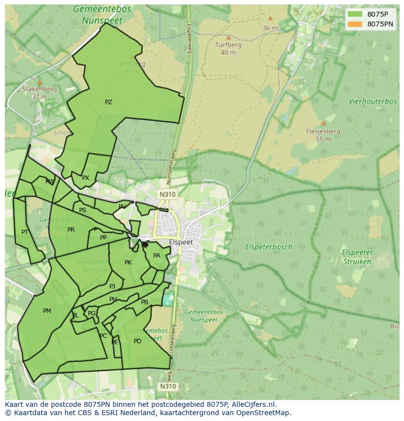 Afbeelding van het postcodegebied 8075 PN op de kaart.
