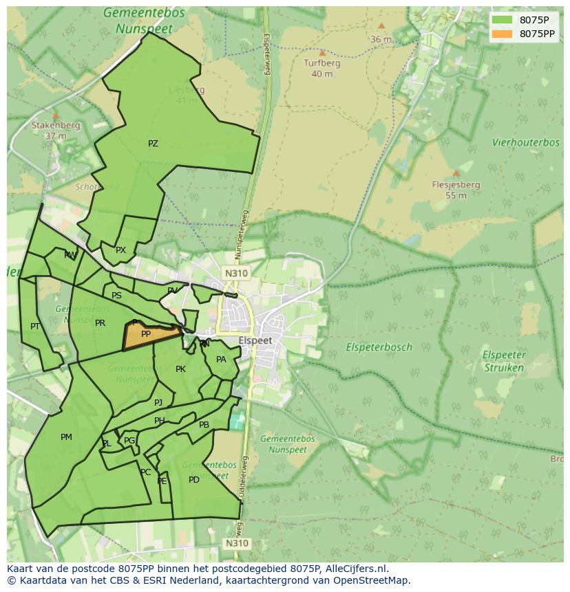Afbeelding van het postcodegebied 8075 PP op de kaart.