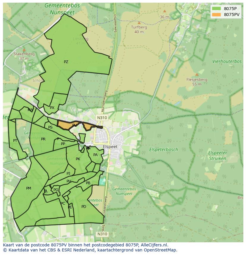 Afbeelding van het postcodegebied 8075 PV op de kaart.