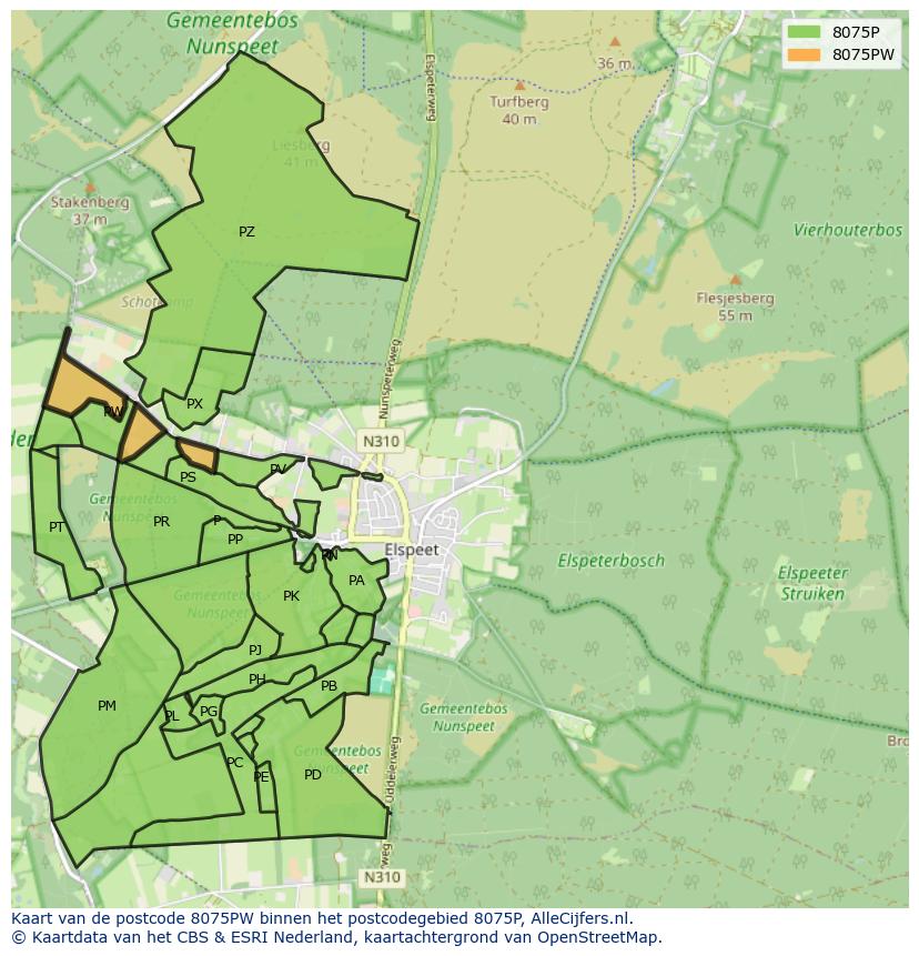 Afbeelding van het postcodegebied 8075 PW op de kaart.