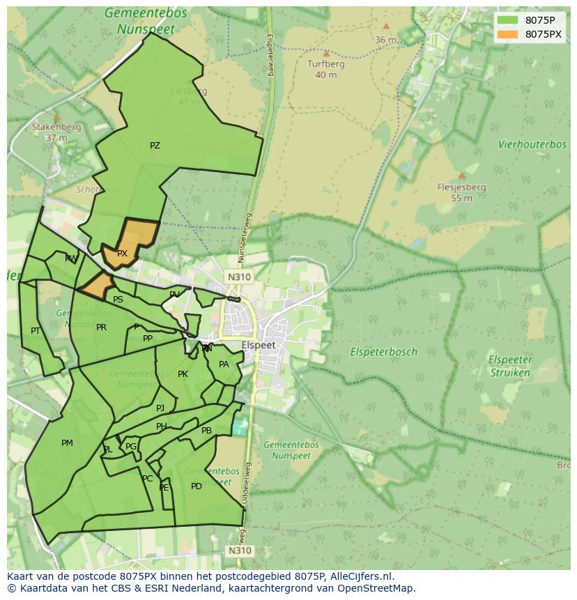 Afbeelding van het postcodegebied 8075 PX op de kaart.