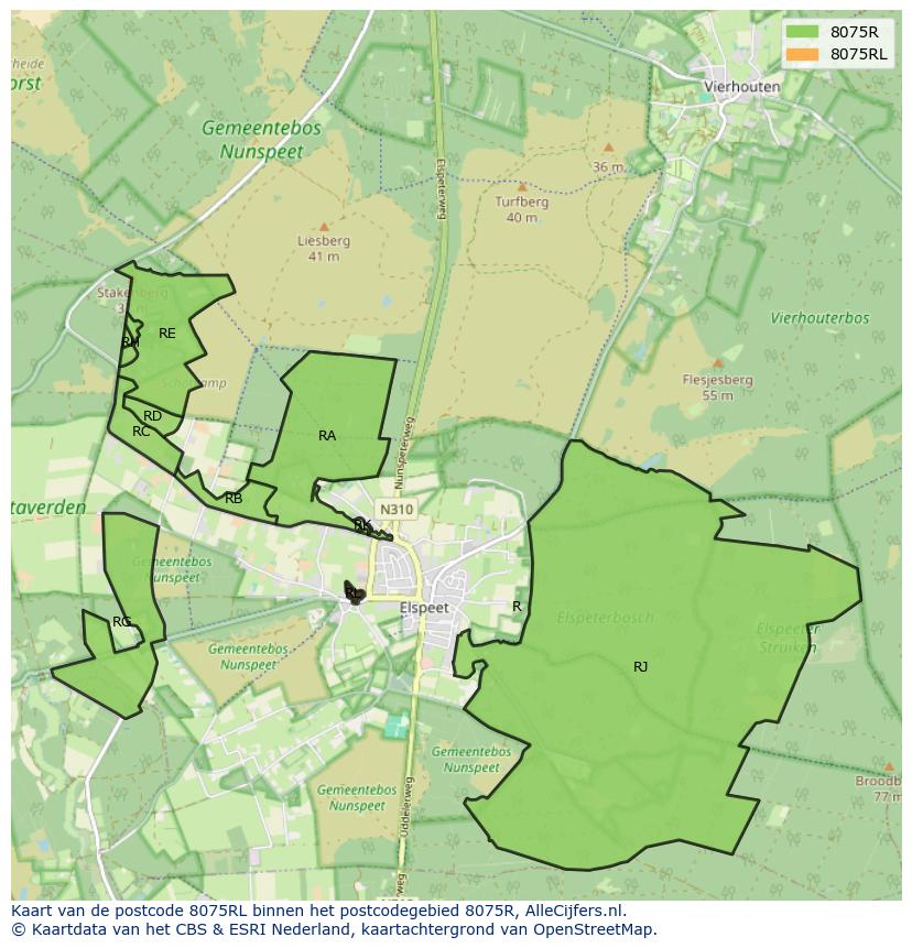 Afbeelding van het postcodegebied 8075 RL op de kaart.