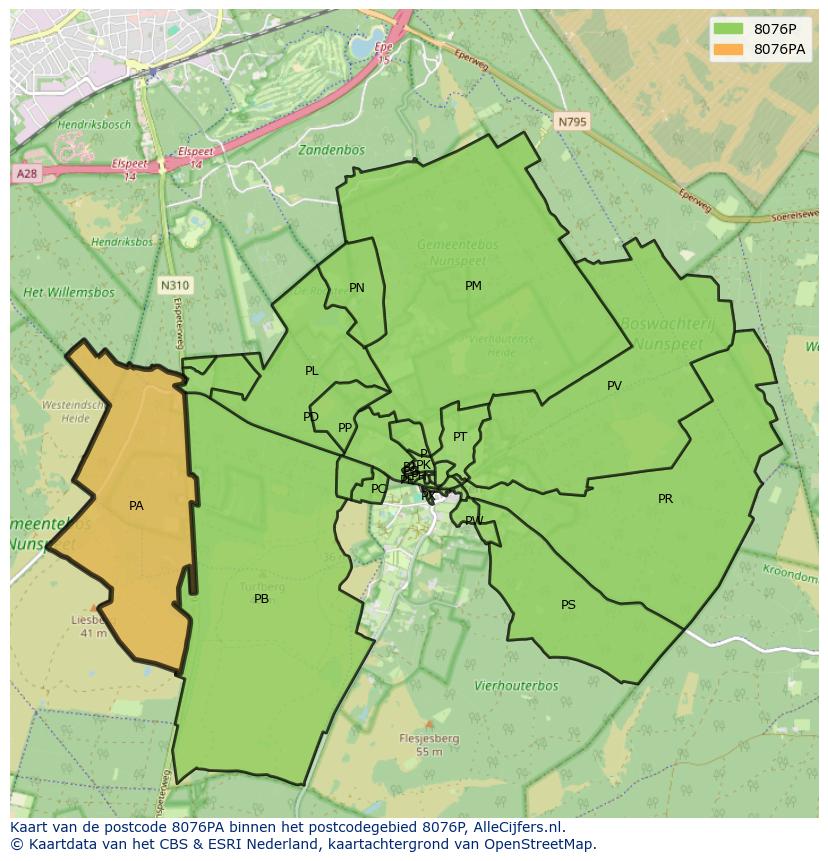 Afbeelding van het postcodegebied 8076 PA op de kaart.
