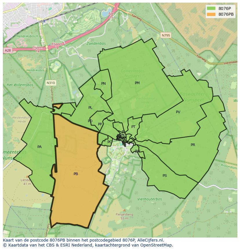 Afbeelding van het postcodegebied 8076 PB op de kaart.