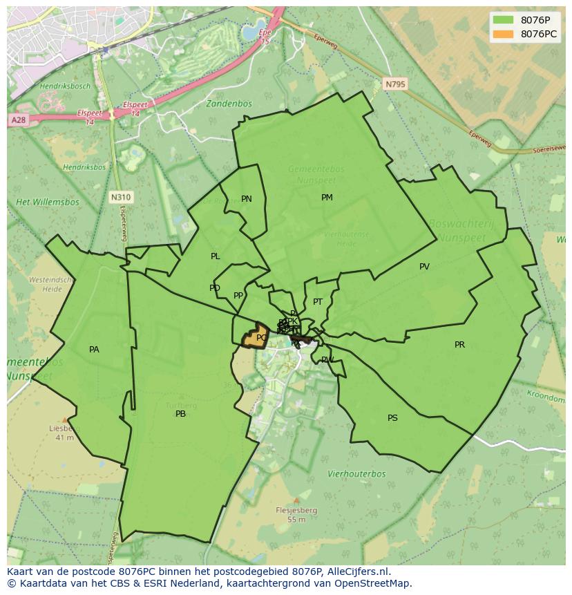 Afbeelding van het postcodegebied 8076 PC op de kaart.
