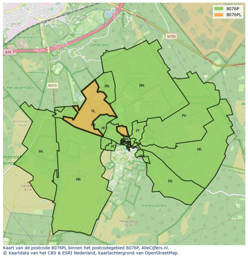 Afbeelding van het postcodegebied 8076 PL op de kaart.