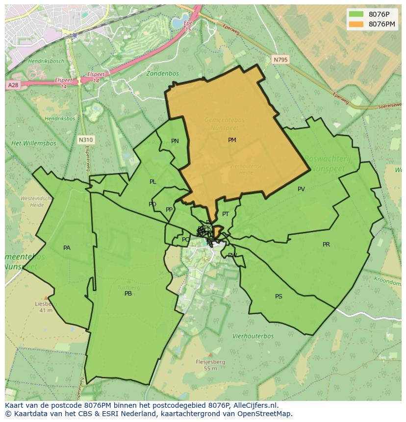 Afbeelding van het postcodegebied 8076 PM op de kaart.