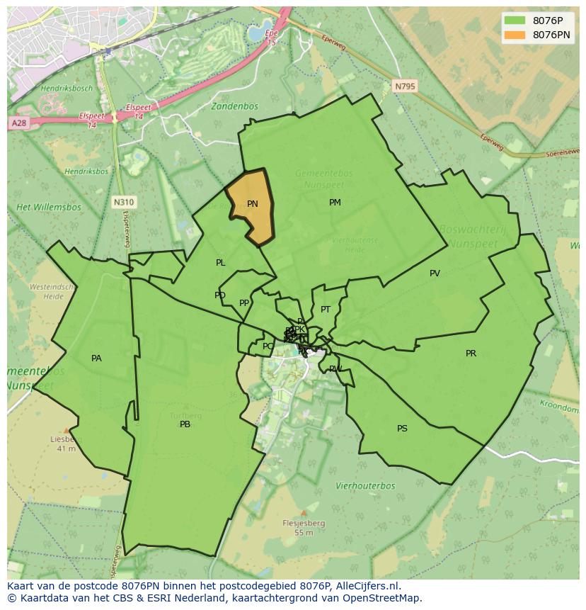 Afbeelding van het postcodegebied 8076 PN op de kaart.