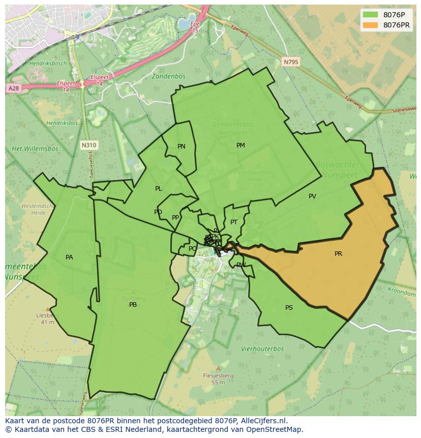 Afbeelding van het postcodegebied 8076 PR op de kaart.