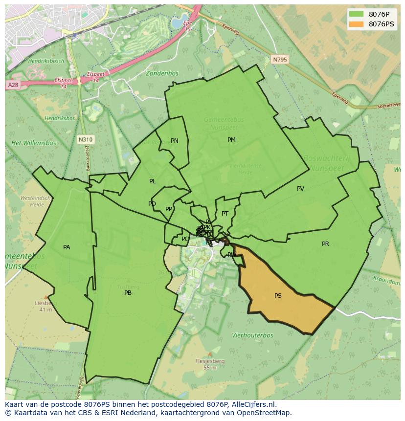 Afbeelding van het postcodegebied 8076 PS op de kaart.