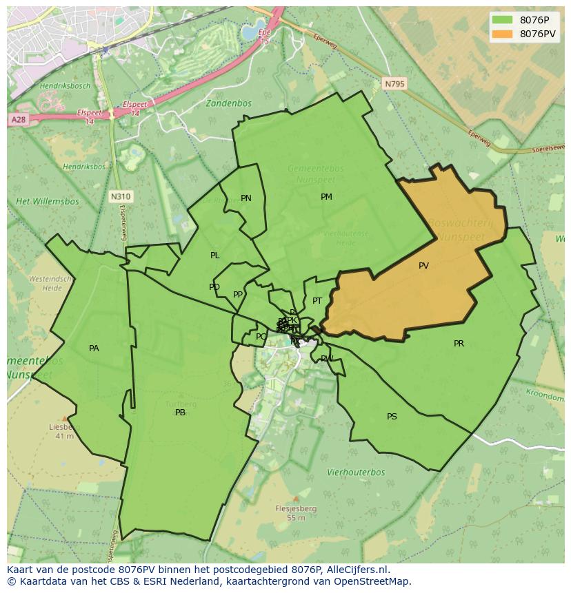 Afbeelding van het postcodegebied 8076 PV op de kaart.