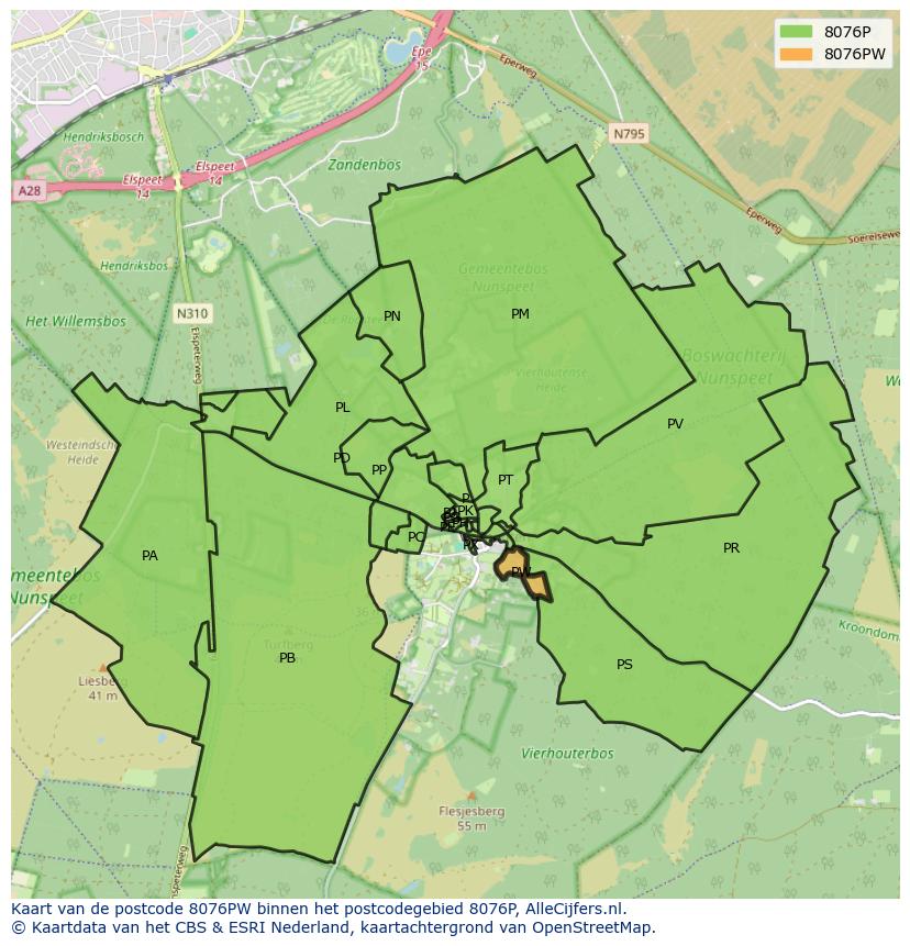 Afbeelding van het postcodegebied 8076 PW op de kaart.