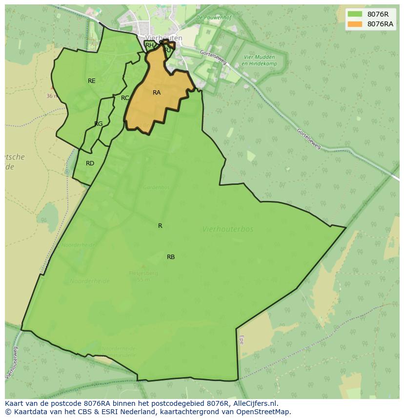 Afbeelding van het postcodegebied 8076 RA op de kaart.