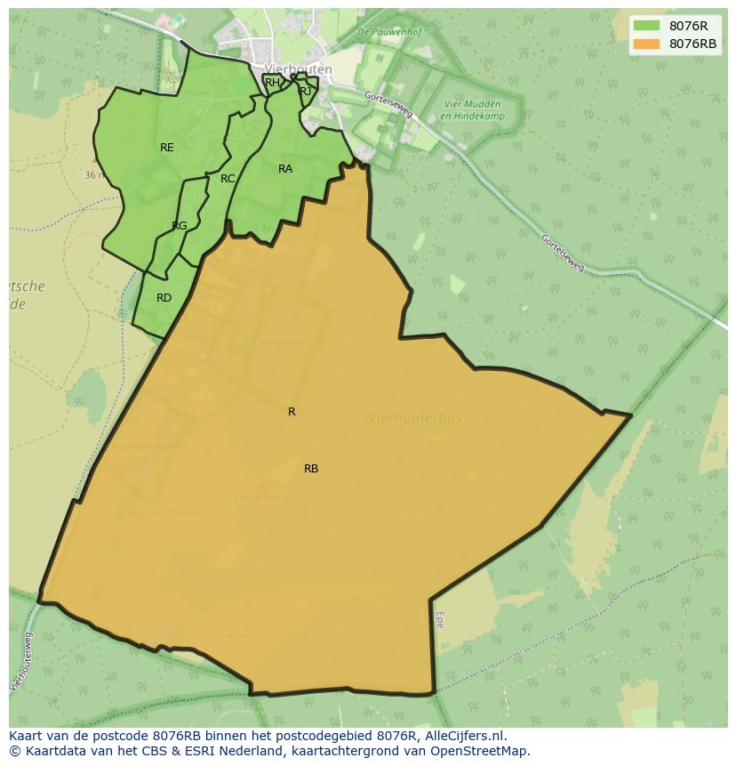 Afbeelding van het postcodegebied 8076 RB op de kaart.
