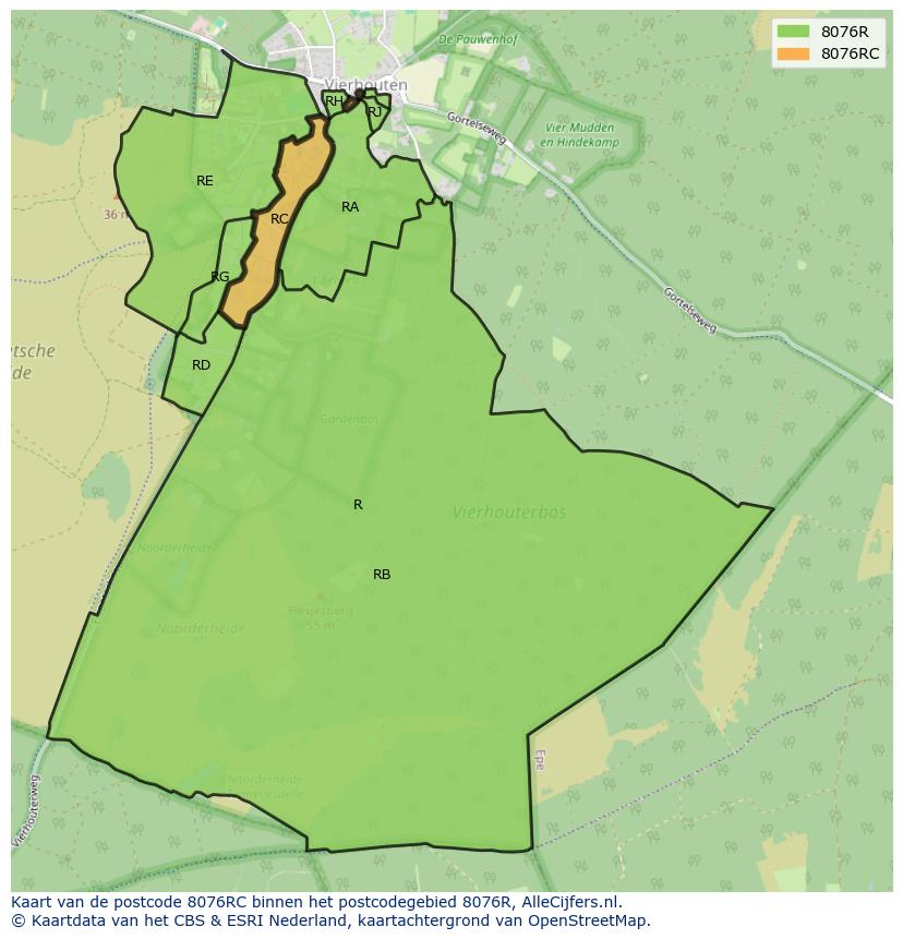 Afbeelding van het postcodegebied 8076 RC op de kaart.