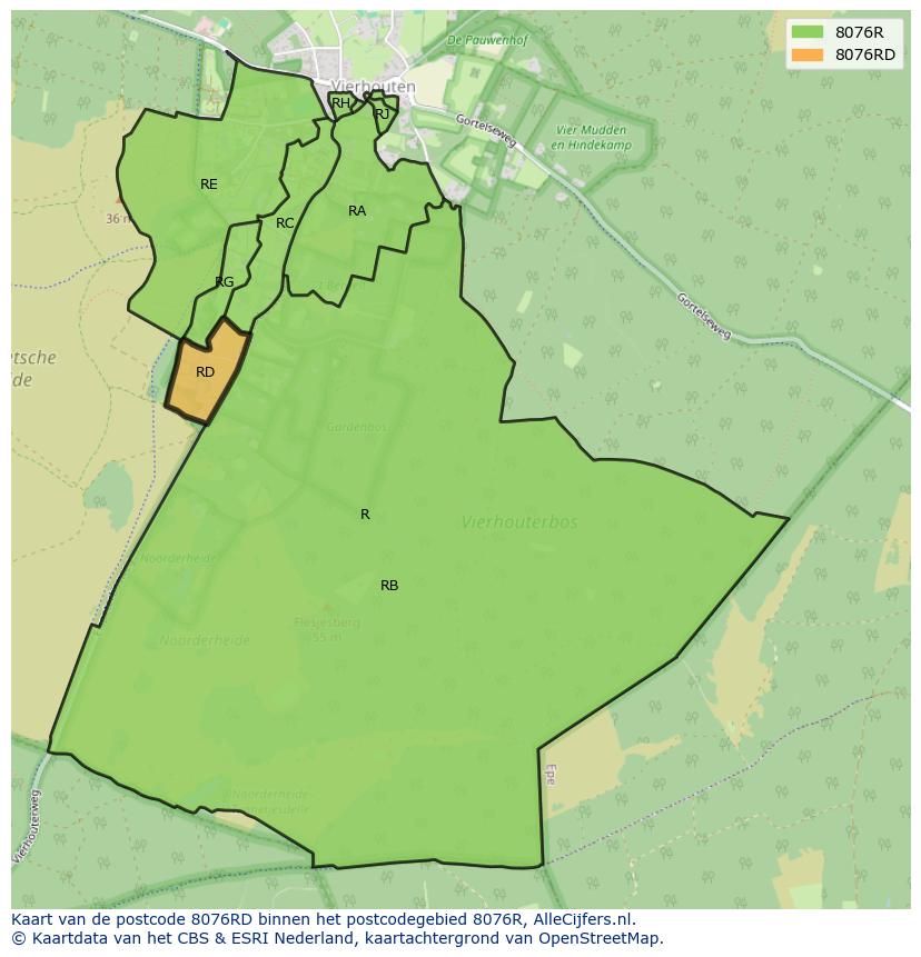 Afbeelding van het postcodegebied 8076 RD op de kaart.