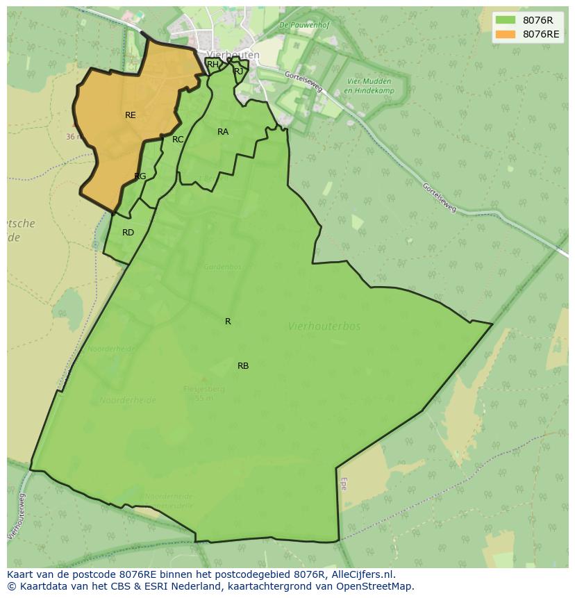 Afbeelding van het postcodegebied 8076 RE op de kaart.
