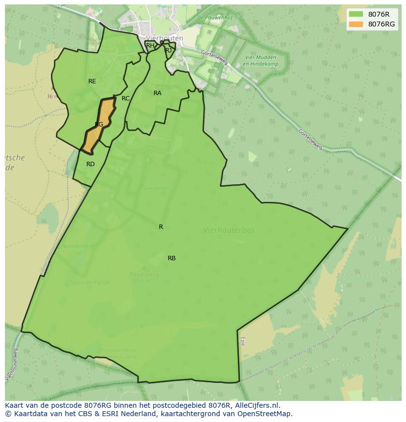 Afbeelding van het postcodegebied 8076 RG op de kaart.