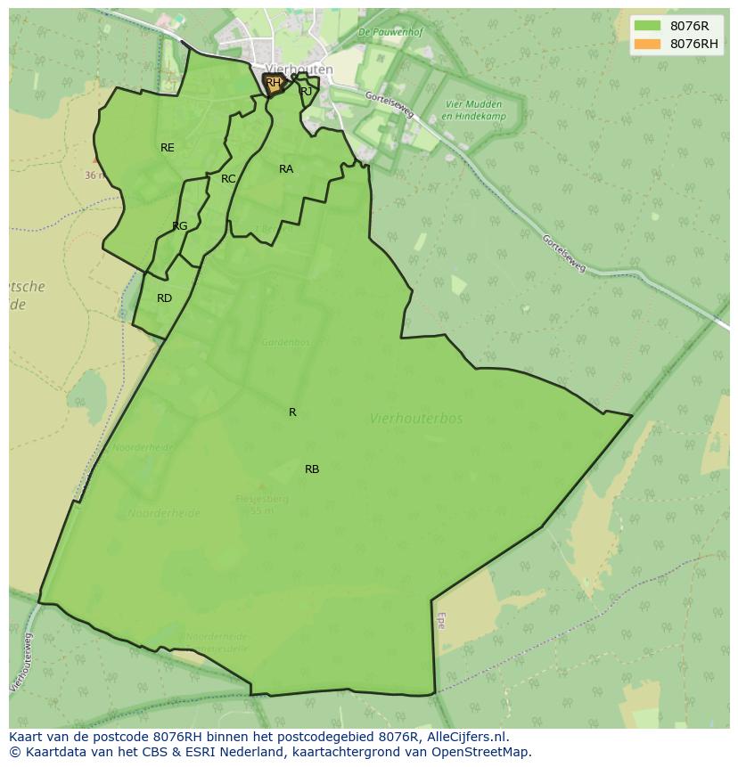 Afbeelding van het postcodegebied 8076 RH op de kaart.