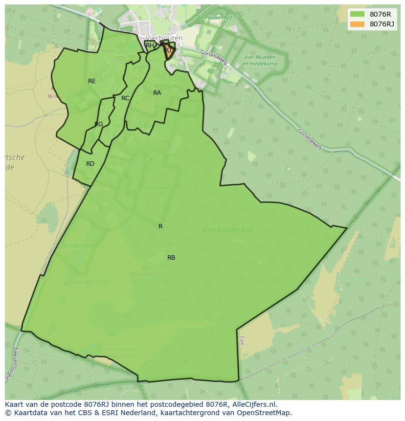 Afbeelding van het postcodegebied 8076 RJ op de kaart.